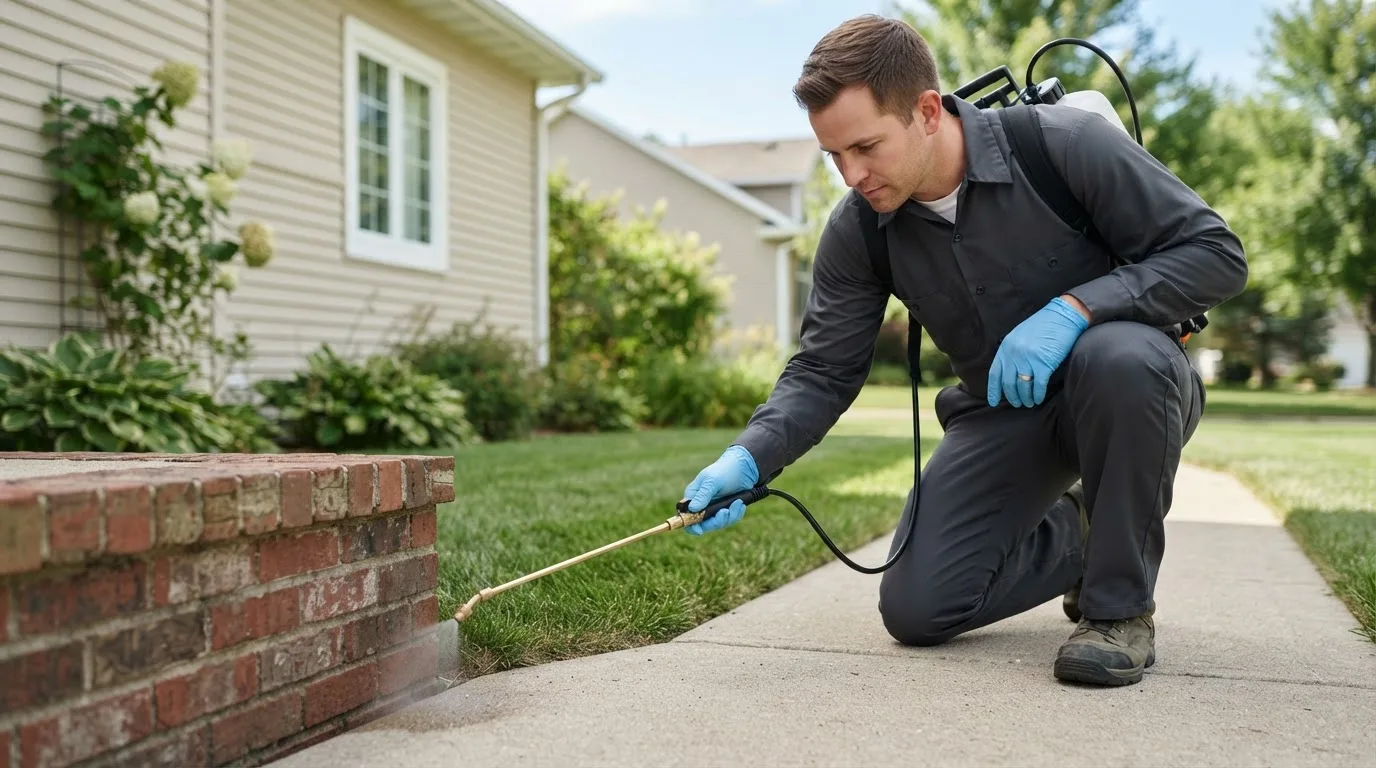 Pest control technician treating a home near Inavale, NE